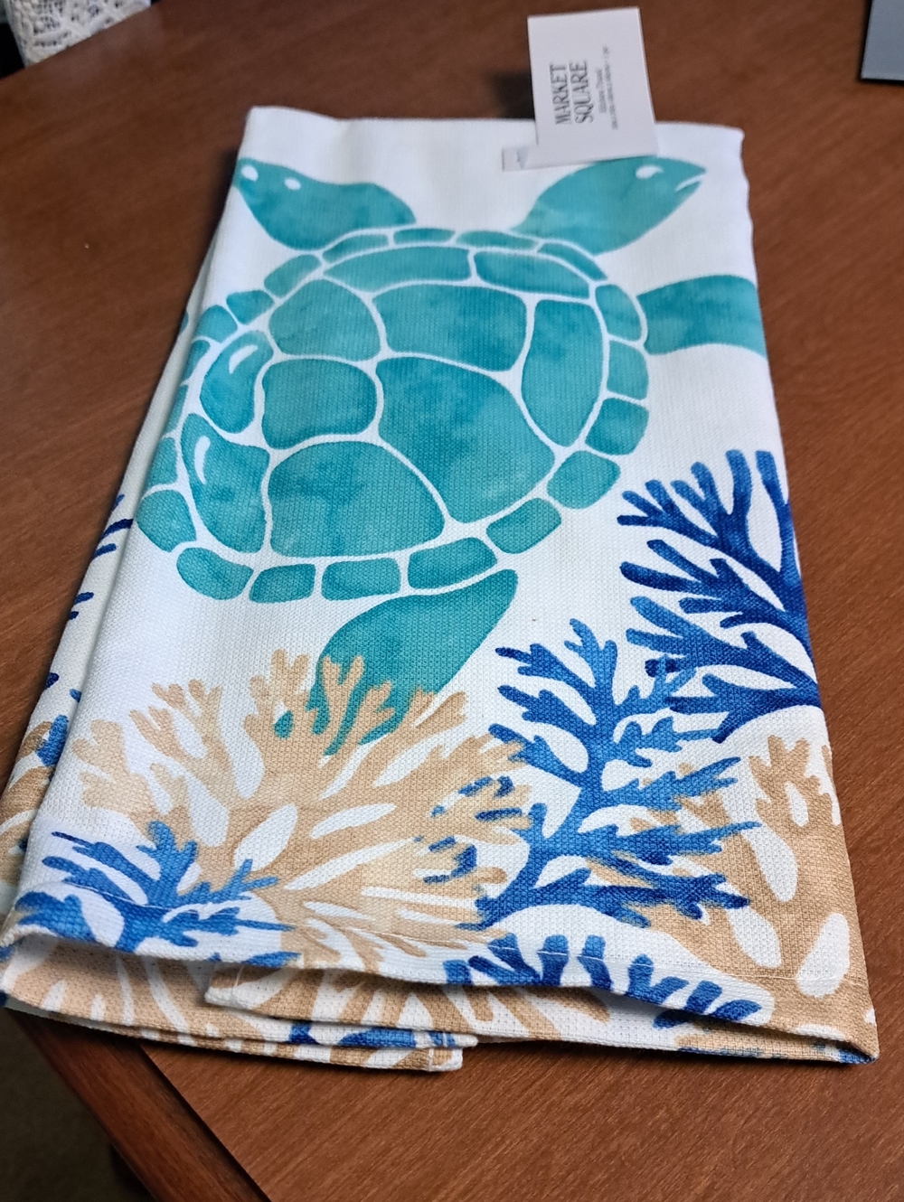 Teal Turtle Kitchen Towel - Coastal Coral Print